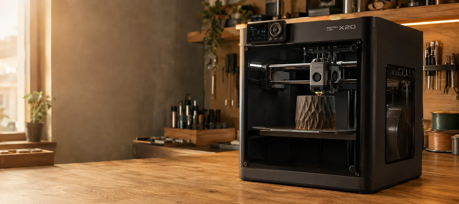 3D-Drucker im Betrieb auf einer Holzwerkbank, im Bauraum entsteht ein Bauteil